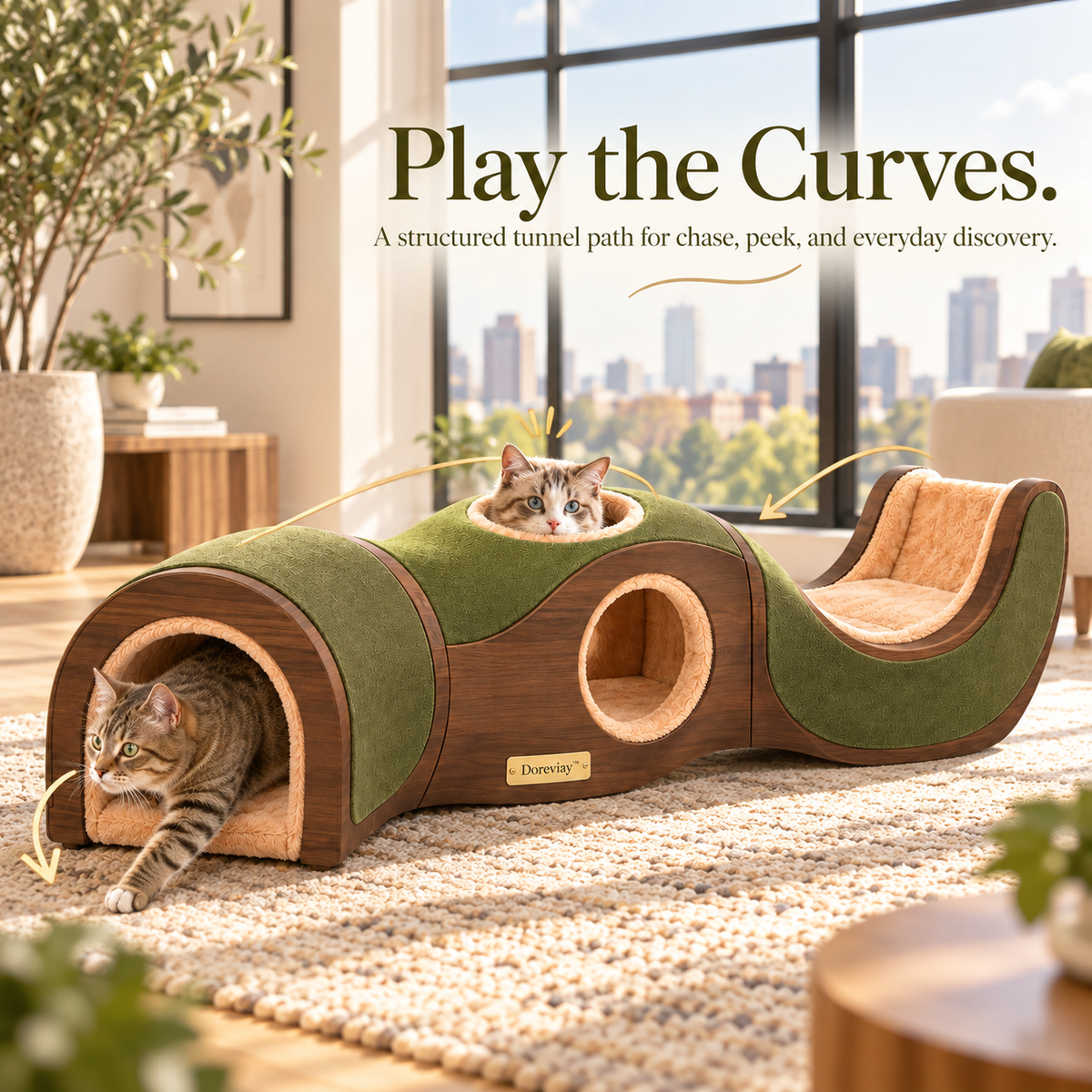 Doreviay™ Modular Curved Cat Tunnel with Lookout Windows and Convertible Lounge Path