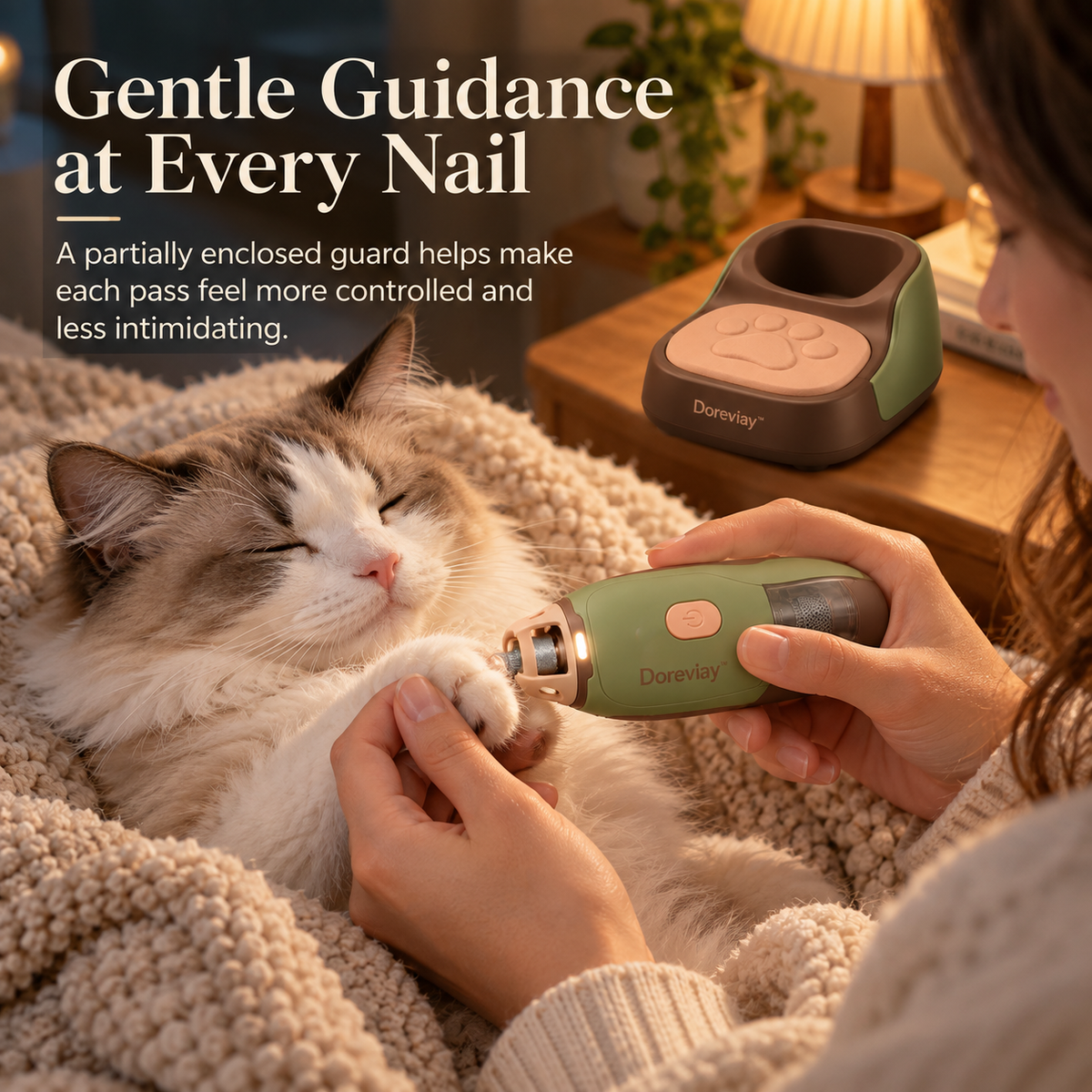 Doreviay™ Sculpted Electric Pet Nail Grinder with Paw Rest and Grooming Dock