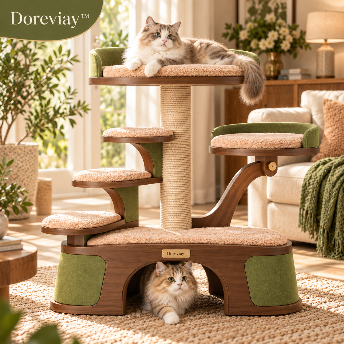 Doreviay™ Sculptural Split-Level Cat Tree with Walk-Through Arch and Adjustable Perches