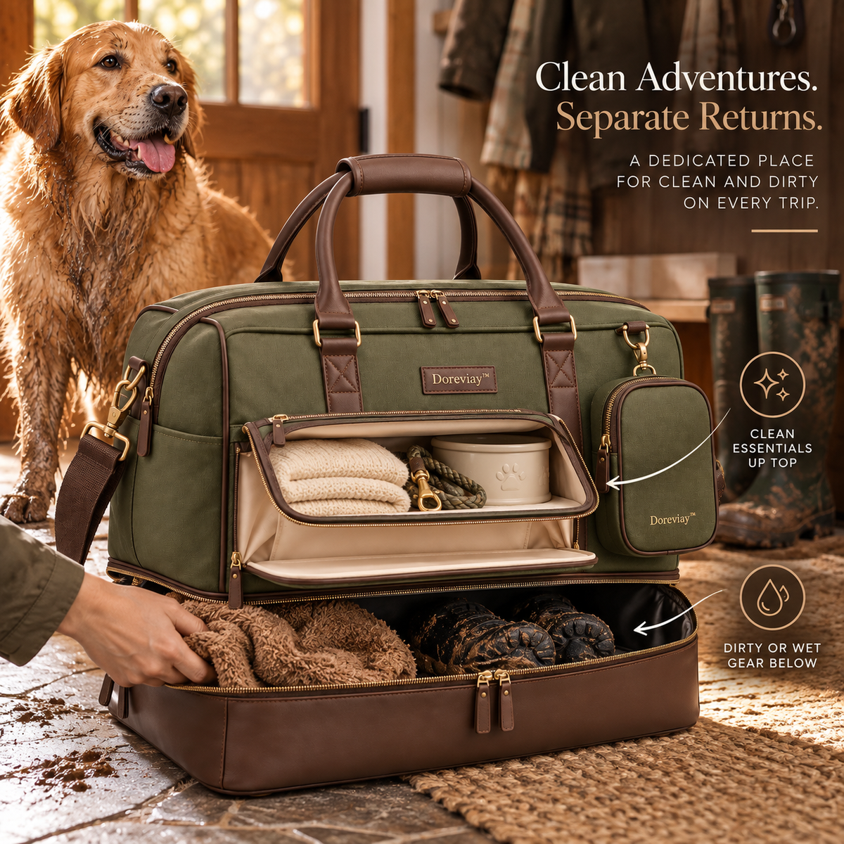 Doreviay™ Structured Pet Travel Weekender with Fold-Down Feeding Station and Modular Care Compartments