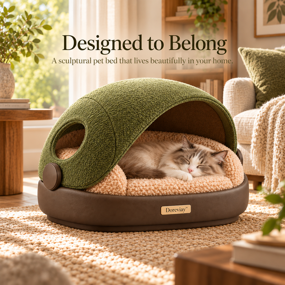 Doreviay™ Sculptural Cave Pet Bed with Rotating Privacy Shell and Reversible Nest