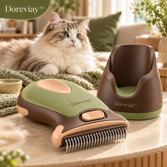 Doreviay™ Contoured Pet Deshedding Brush with Reversible Grooming Head and Fur-Release Slider