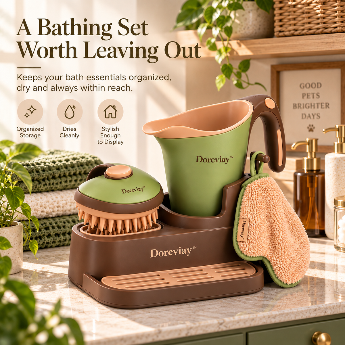 Doreviay™ Sculpted Pet Bathing Set with Dispensing Massage Brush and Organized Drying Dock