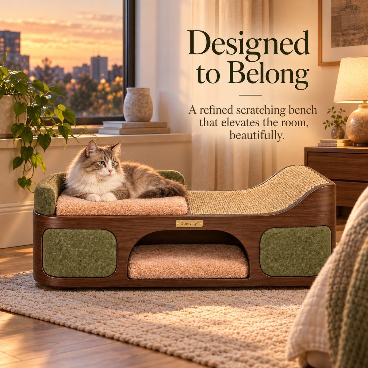 Doreviay™ Sculptural Cat Scratching Bench with Reversible Panels and Hideaway Lounge