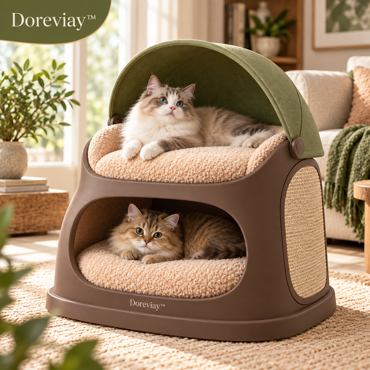 Doreviay™ Sculptural Dual-Level Cat Bed with Adjustable Privacy Canopy
