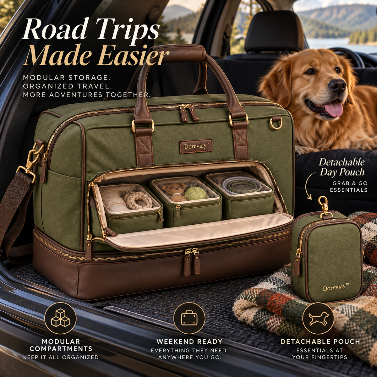 Doreviay™ Structured Pet Travel Weekender with Fold-Down Feeding Station and Modular Care Compartments