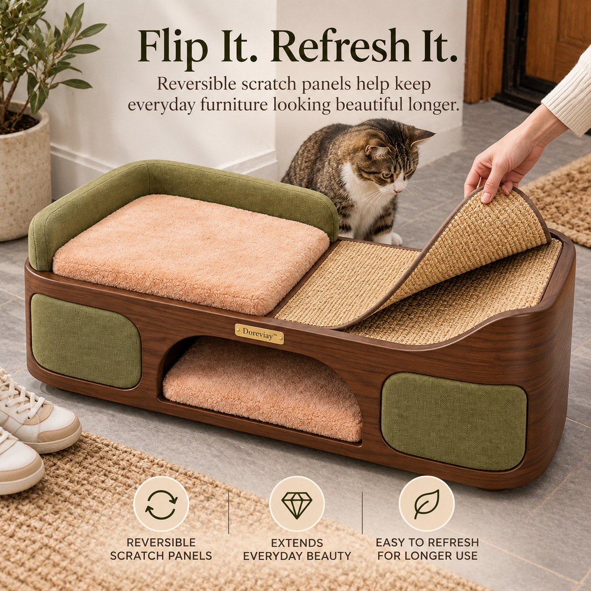 Doreviay™ Sculptural Cat Scratching Bench with Reversible Panels and Hideaway Lounge