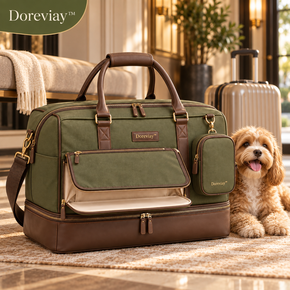Doreviay™ Structured Pet Travel Weekender with Fold-Down Feeding Station and Modular Care Compartments