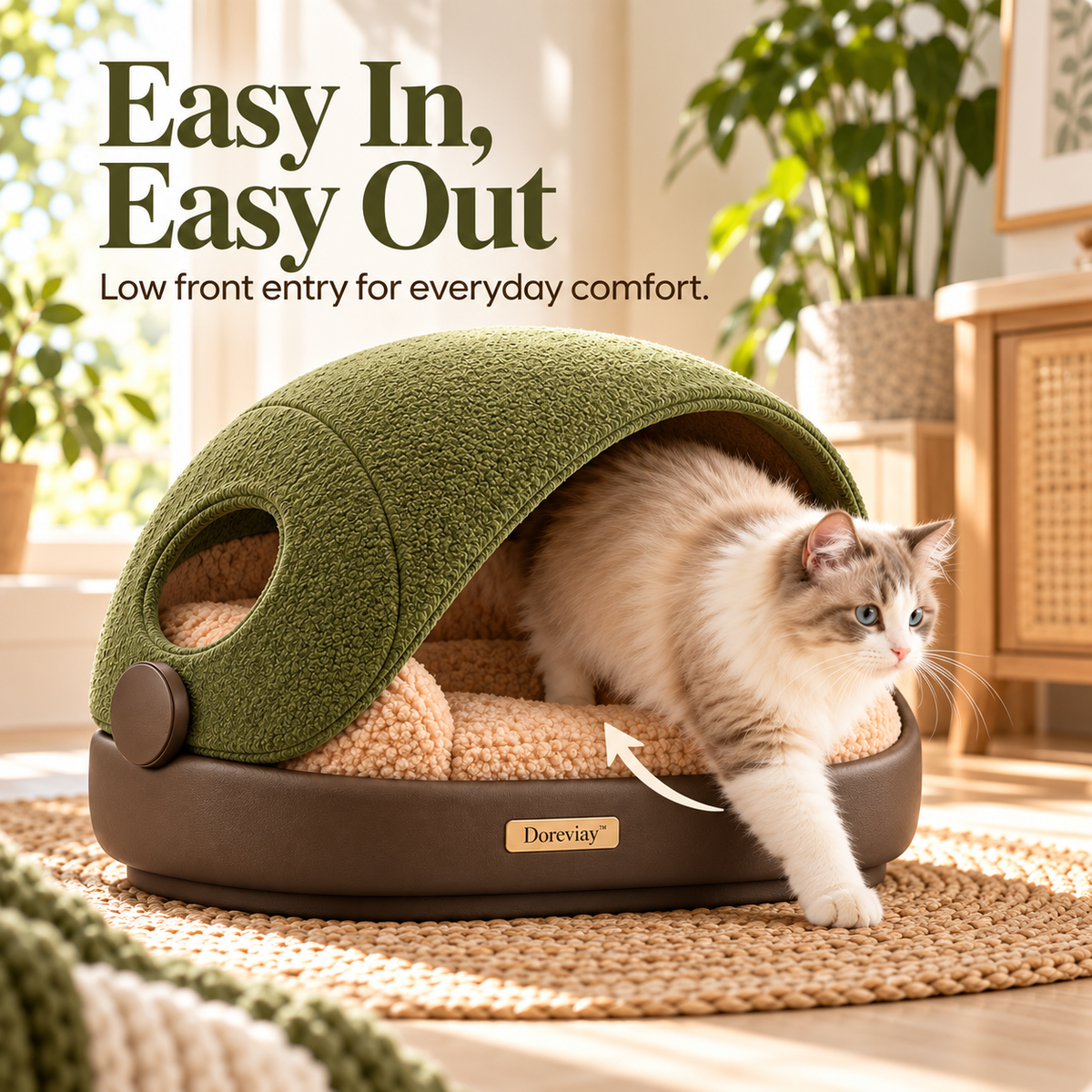 Doreviay™ Sculptural Cave Pet Bed with Rotating Privacy Shell and Reversible Nest