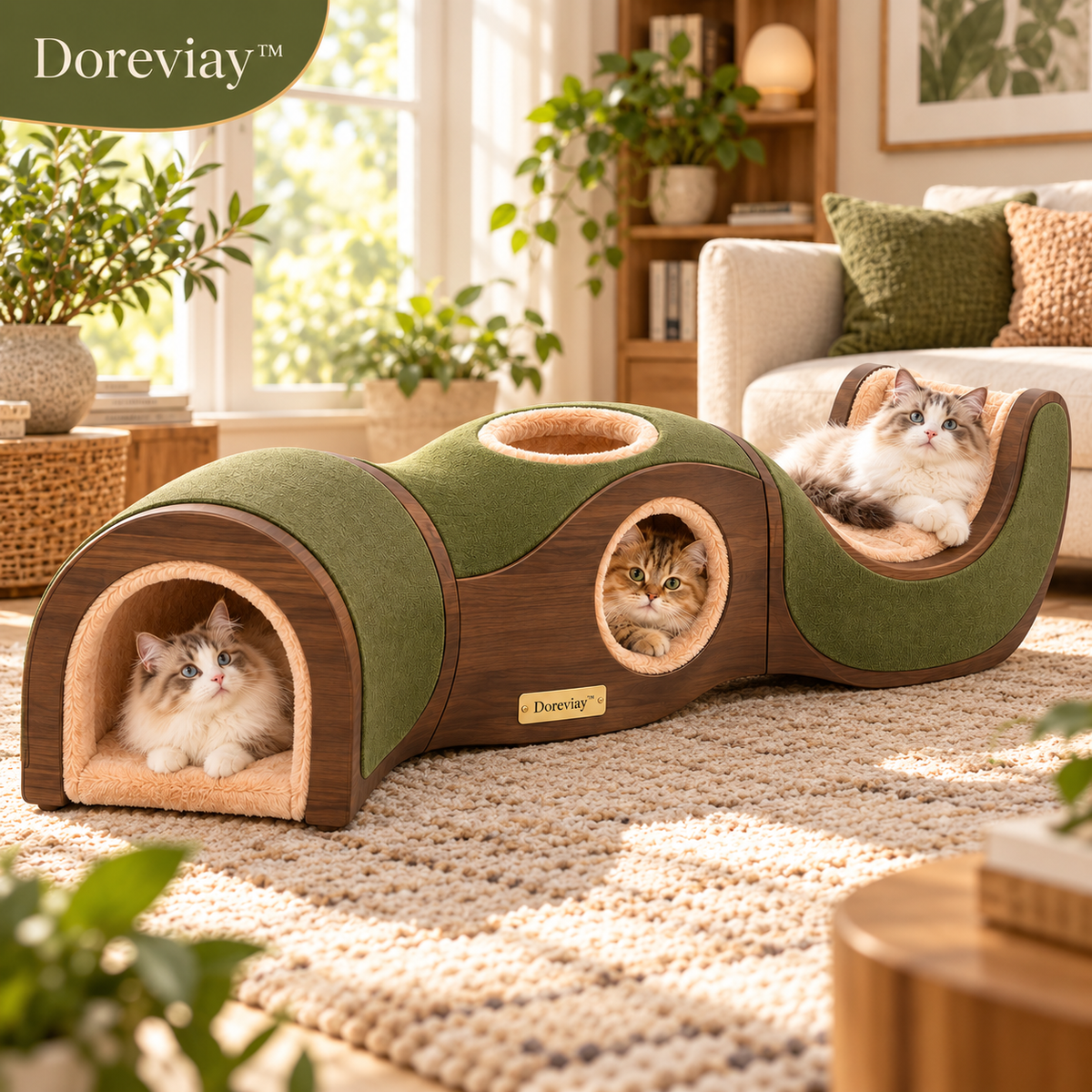 Doreviay™ Modular Curved Cat Tunnel with Lookout Windows and Convertible Lounge Path