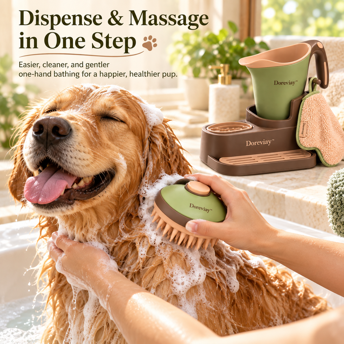 Doreviay™ Sculpted Pet Bathing Set with Dispensing Massage Brush and Organized Drying Dock