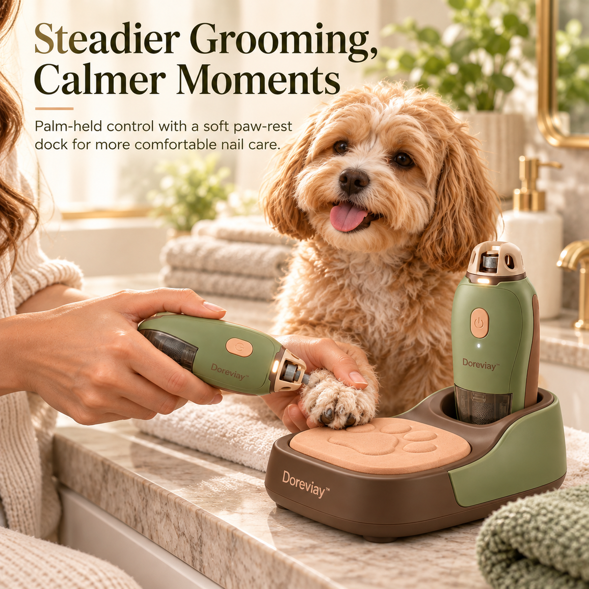 Doreviay™ Sculpted Electric Pet Nail Grinder with Paw Rest and Grooming Dock