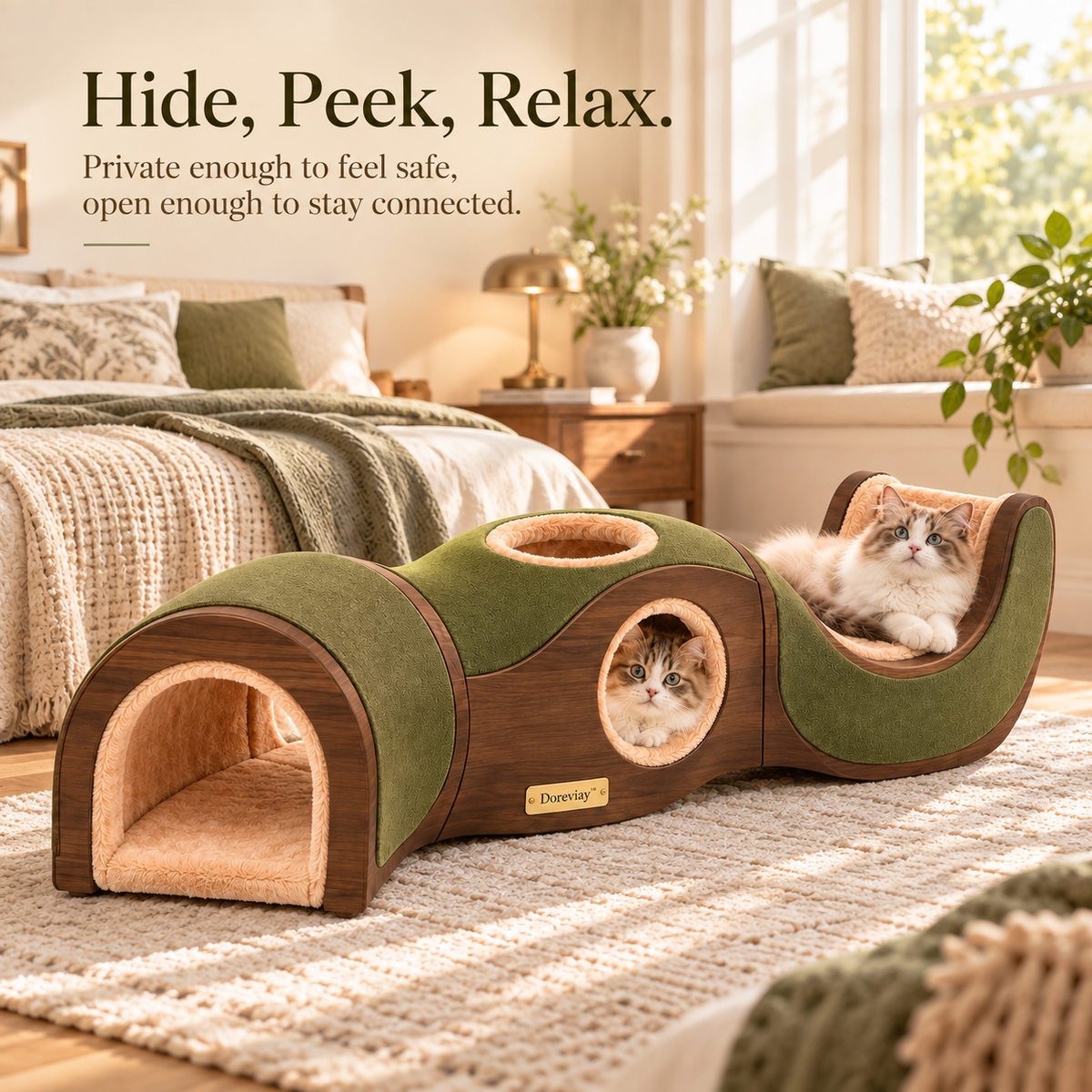 Doreviay™ Modular Curved Cat Tunnel with Lookout Windows and Convertible Lounge Path