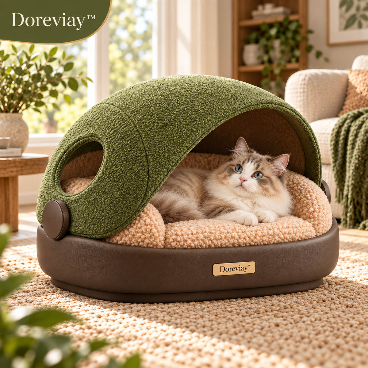 Doreviay™ Sculptural Cave Pet Bed with Rotating Privacy Shell and Reversible Nest