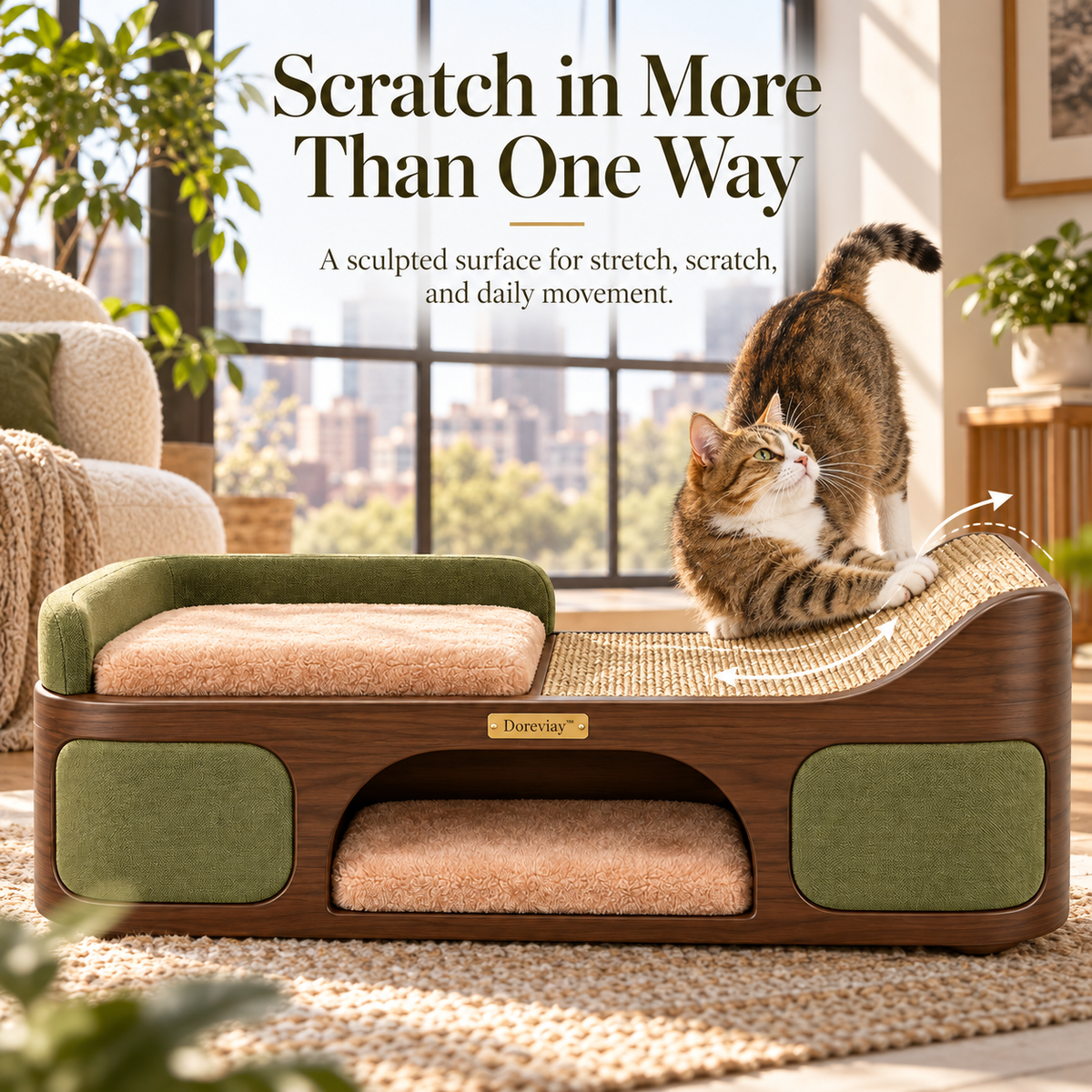 Doreviay™ Sculptural Cat Scratching Bench with Reversible Panels and Hideaway Lounge