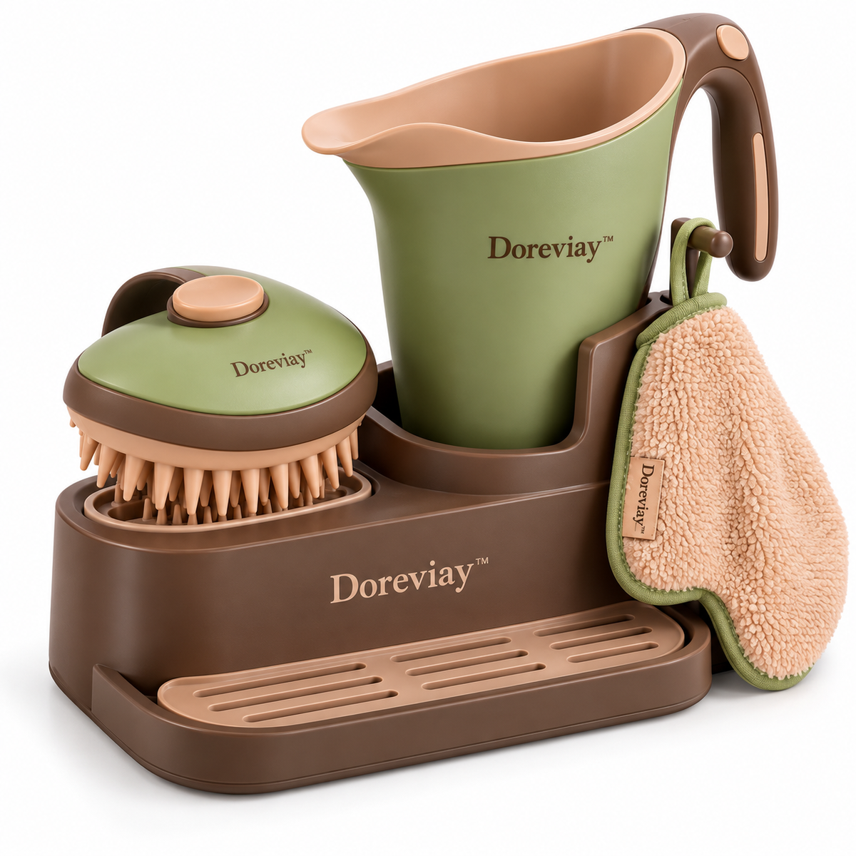 Doreviay™ Sculpted Pet Bathing Set with Dispensing Massage Brush and Organized Drying Dock