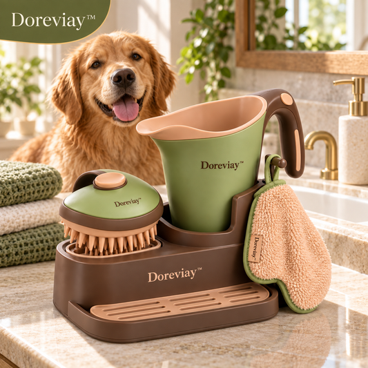 Doreviay™ Sculpted Pet Bathing Set with Dispensing Massage Brush and Organized Drying Dock