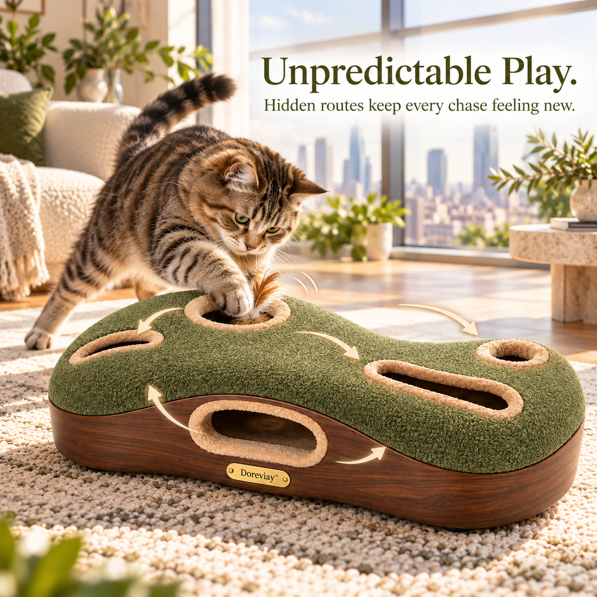 Doreviay™ Sculptural Automatic Cat Toy with Hidden Multi-Path Moving Lure