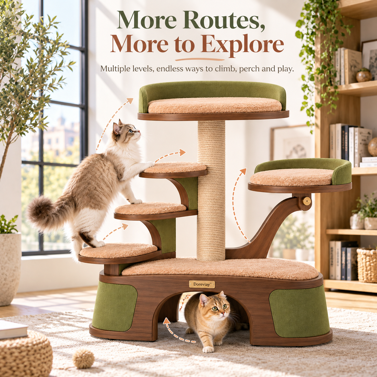 Doreviay™ Sculptural Split-Level Cat Tree with Walk-Through Arch and Adjustable Perches