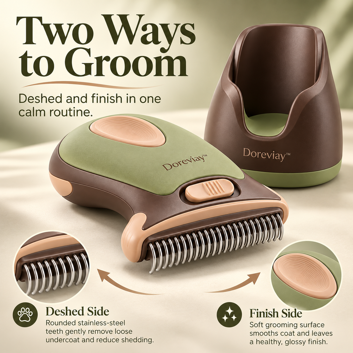 Doreviay™ Contoured Pet Deshedding Brush with Reversible Grooming Head and Fur-Release Slider