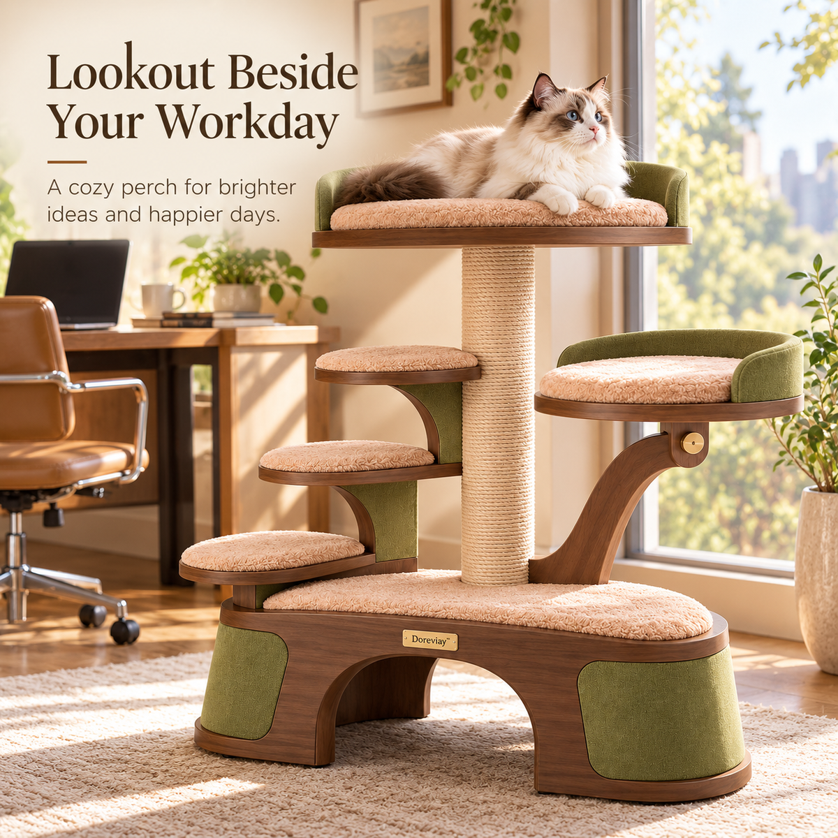 Doreviay™ Sculptural Split-Level Cat Tree with Walk-Through Arch and Adjustable Perches
