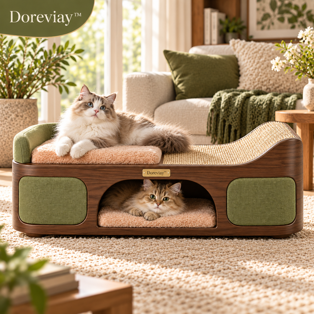 Doreviay™ Sculptural Cat Scratching Bench with Reversible Panels and Hideaway Lounge