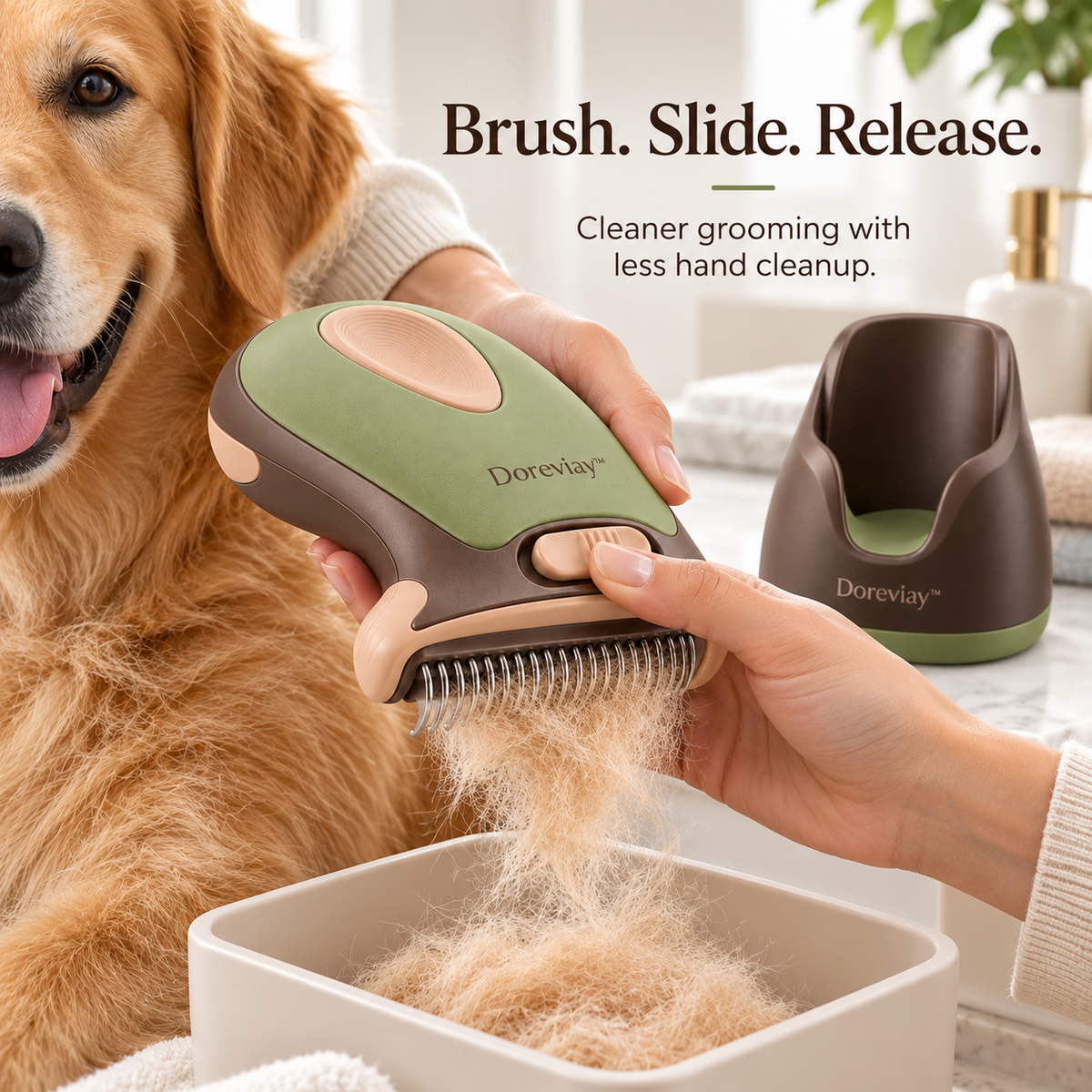 Doreviay™ Contoured Pet Deshedding Brush with Reversible Grooming Head and Fur-Release Slider
