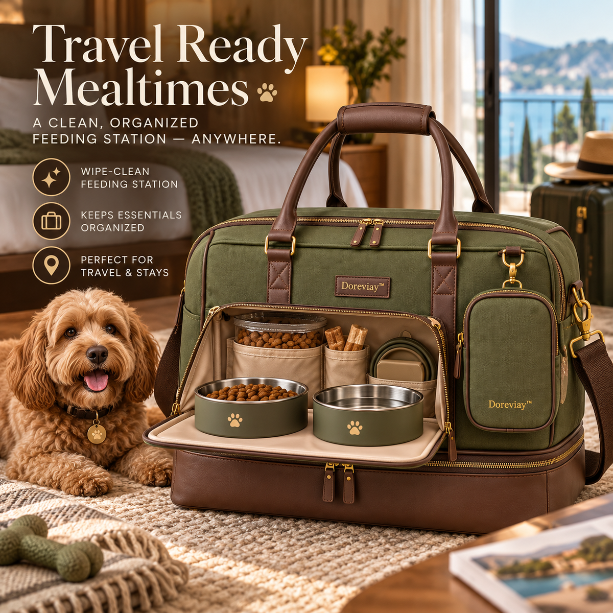 Doreviay™ Structured Pet Travel Weekender with Fold-Down Feeding Station and Modular Care Compartments