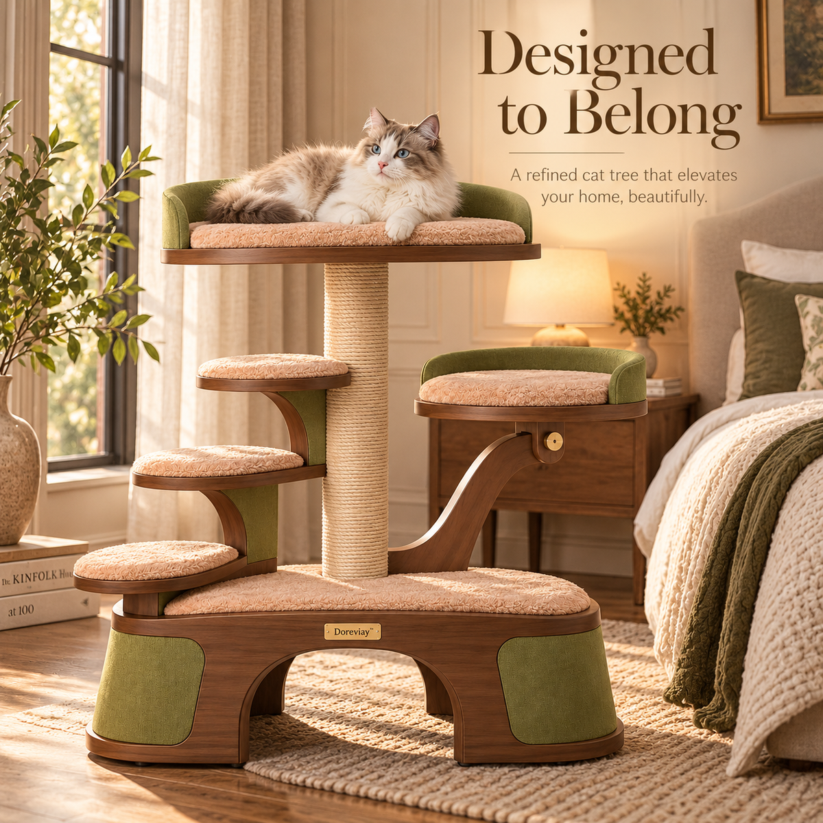 Doreviay™ Sculptural Split-Level Cat Tree with Walk-Through Arch and Adjustable Perches