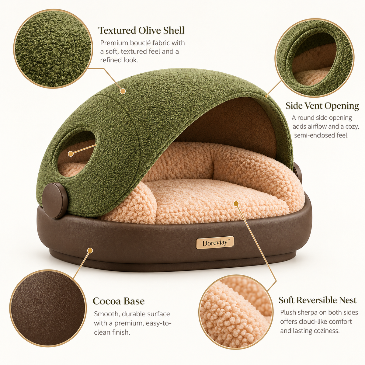 Doreviay™ Sculptural Cave Pet Bed with Rotating Privacy Shell and Reversible Nest
