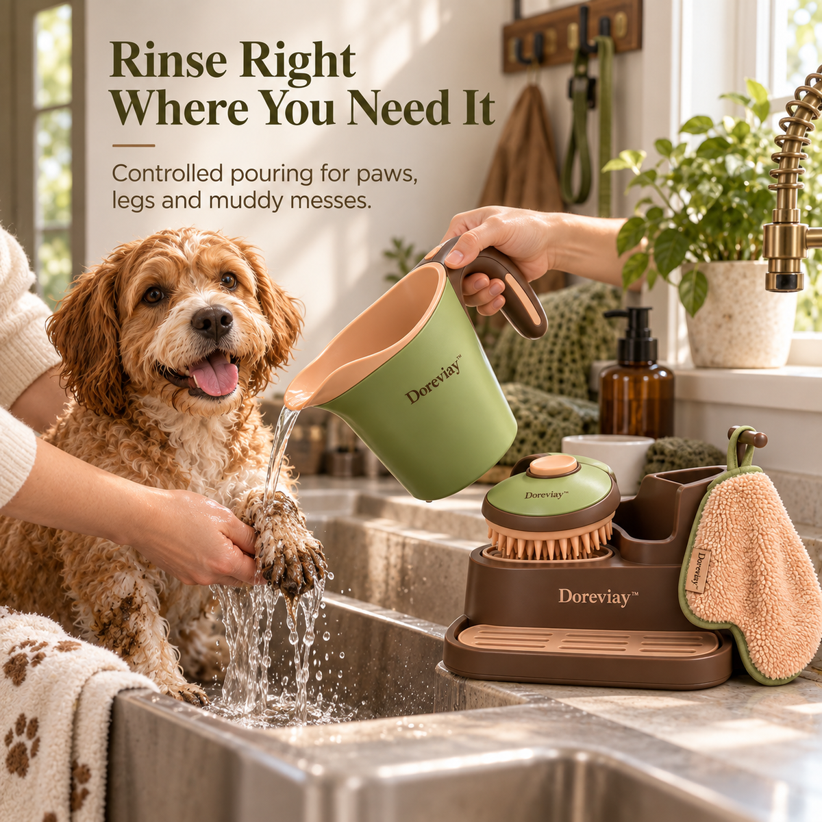 Doreviay™ Sculpted Pet Bathing Set with Dispensing Massage Brush and Organized Drying Dock